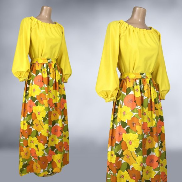 VINTAGE 70s Flower Power Maxi Skirt and Balloon Sleeve Blouse Set Handmade - Picture 5 of 9